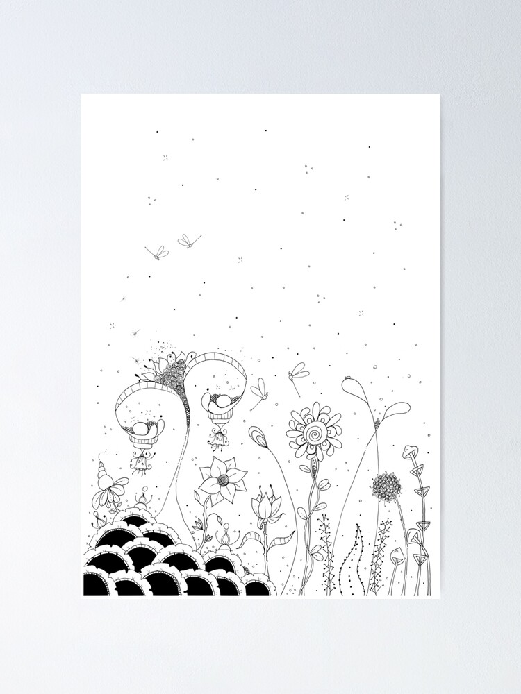 Magic Garden Black And White Art Poster By Aquarelles Redbubble