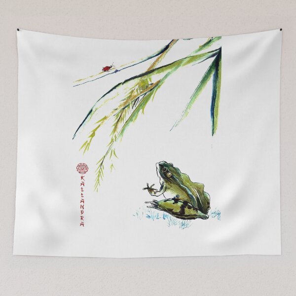 Item preview,  Rice plant with frog. Rice plants with Chinese seals and calligraphic characters. Frog on the hunt. designed and sold by Kallandra.