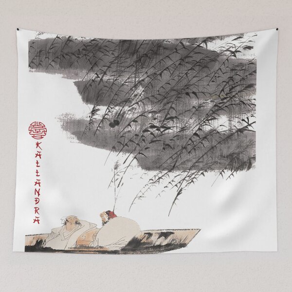 Item preview, India ink drawing two men in boat with landscape lake designed and sold by Kallandra.