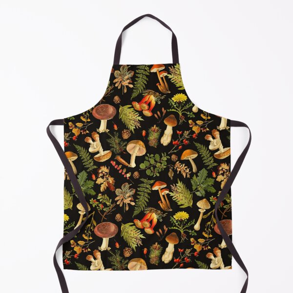 Vintage toxic mushrooms forest pattern on black Apron