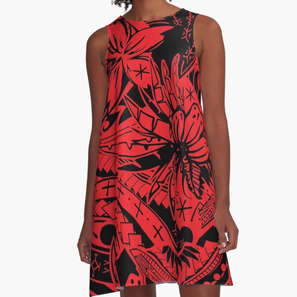 Polynesian Tribal Lava Red Leaf And Floral Print A-Line Dress
