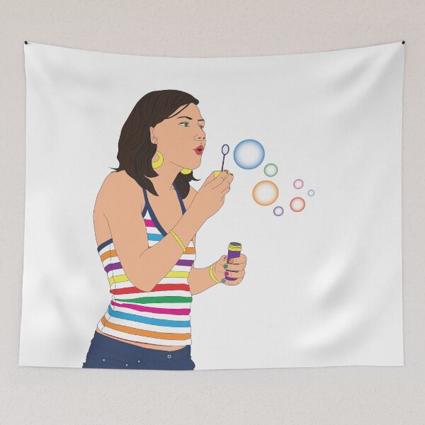 Item preview, Woman wearing jeans and rainbow bubbles designed and sold by Raspberry-Cat.