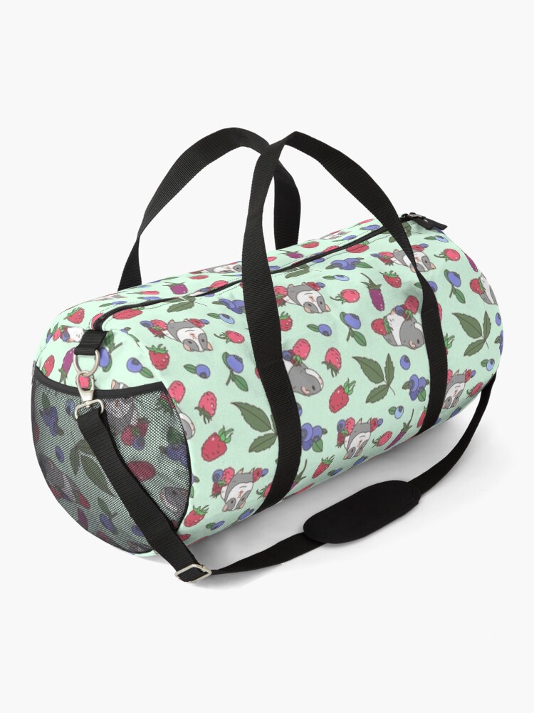 Alternate view of Gray Guinea pig, raspberries and blueberries pattern in mint background Duffle Bag