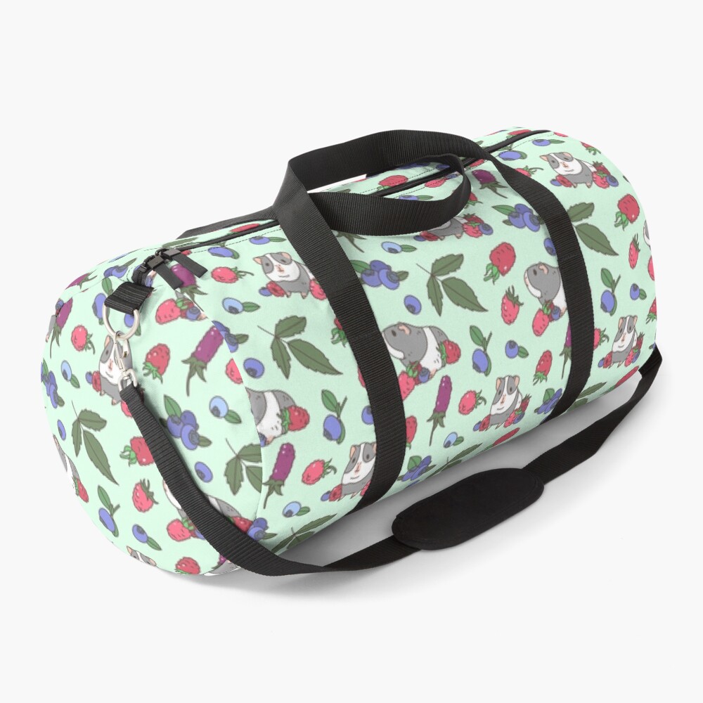 Gray Guinea pig, raspberries and blueberries pattern in mint background Duffle Bag