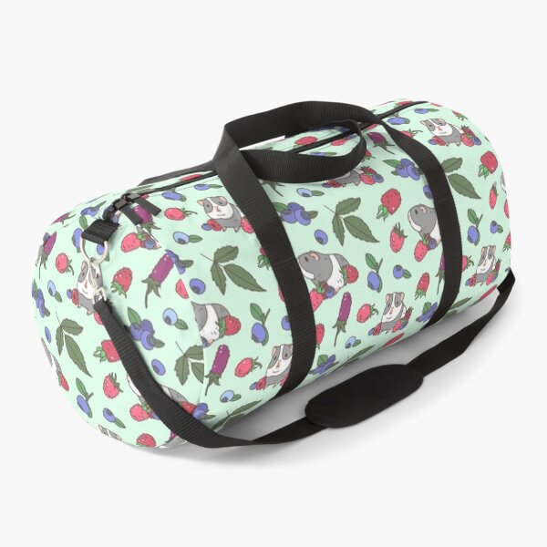 Gray Guinea pig, raspberries and blueberries pattern in mint background Duffle Bag