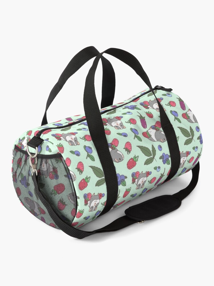 Alternate view of Gray Guinea pig, raspberries and blueberries pattern in mint background Duffle Bag