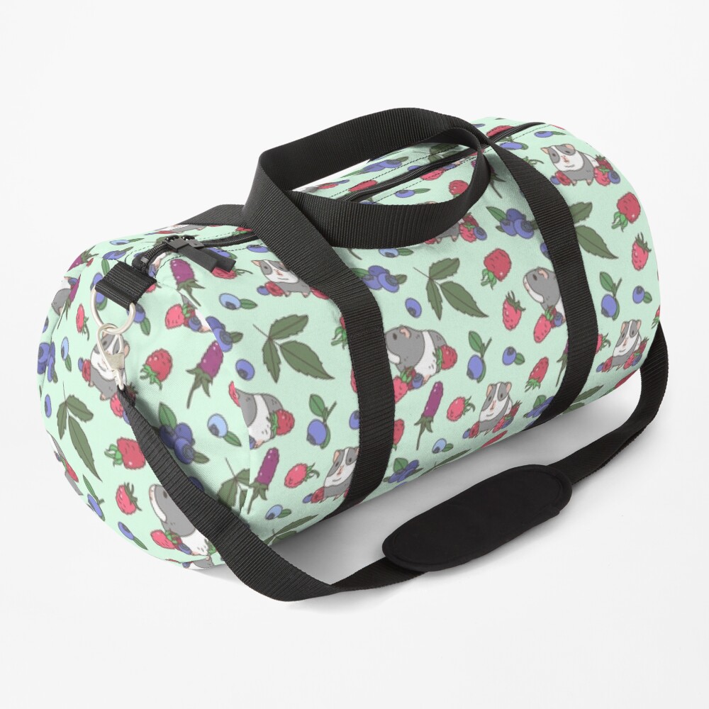 Gray Guinea pig, raspberries and blueberries pattern in mint background Duffle Bag