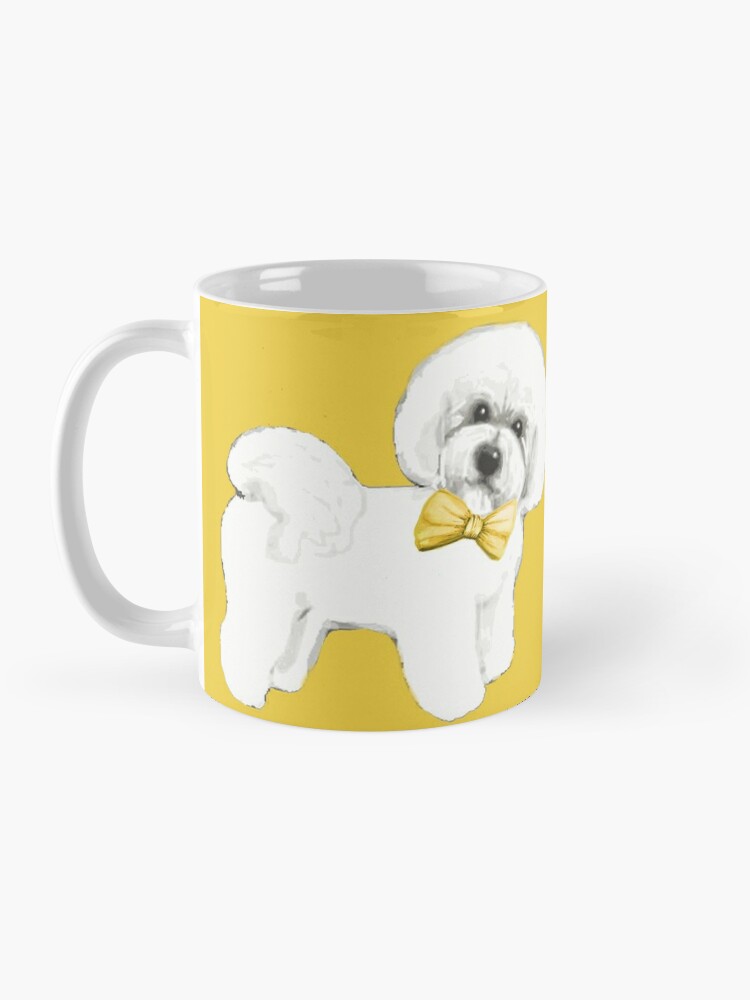 Coffee Mug, Bichon Frise on Mustard yellow, with bow designed and sold by MagentaRose