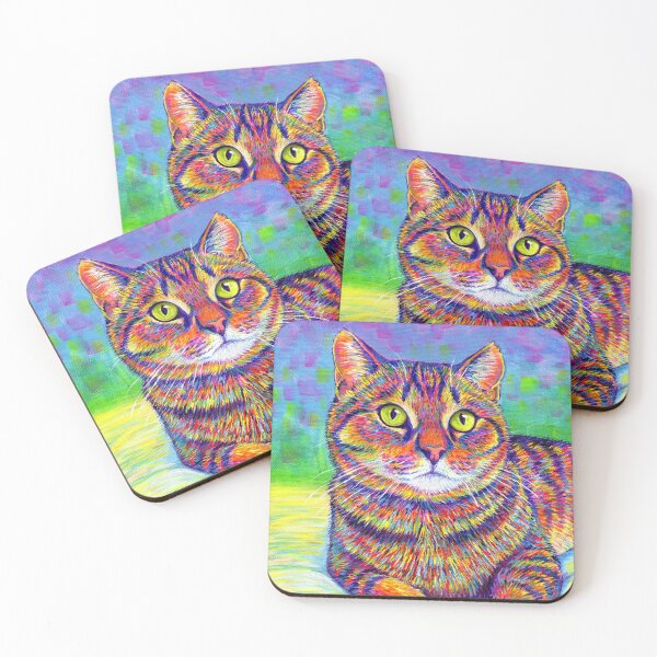 Colorful Rainbow Brown Tabby Cat Coasters (Set of 4)