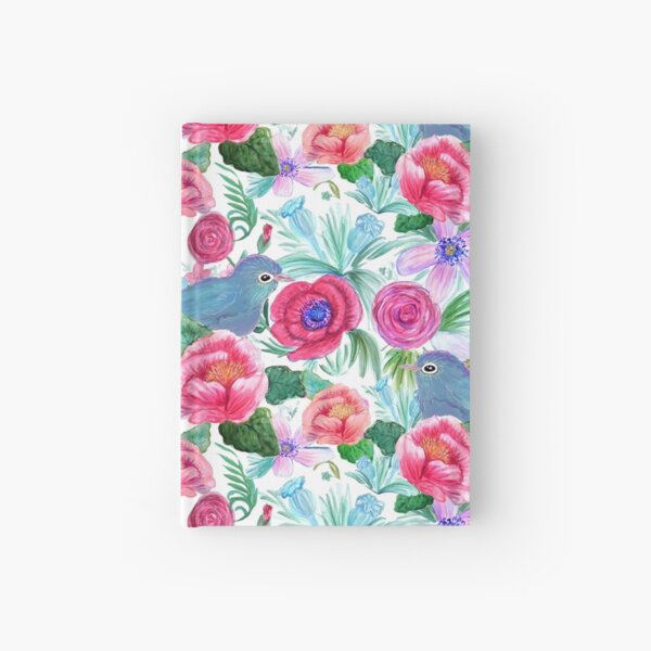 Pink Peony and bluebirds, flowers and butterflies in watercolor Hardcover Journal
