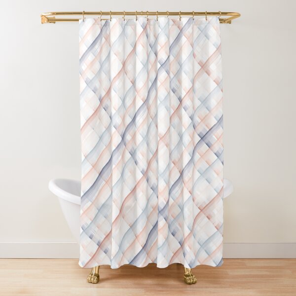 Navy Blue and Coral Watercolor Checkered Striped Shower Curtain