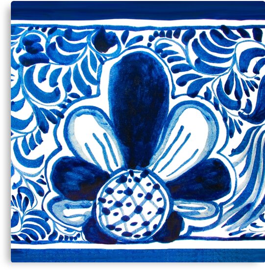 "Blue and White Mexican Talavera Style Vibrant Bright Blue Mexico