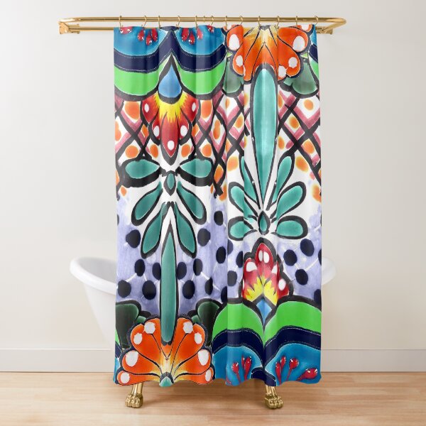 Colorful Talavera, Green Accent, Mexican Tile Design Shower Curtain