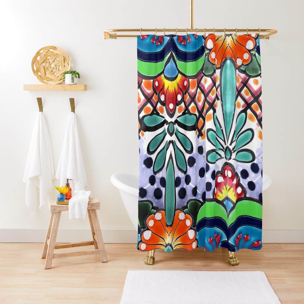 "Colorful Talavera, Green Accent, Mexican Tile Design" Shower Curtain