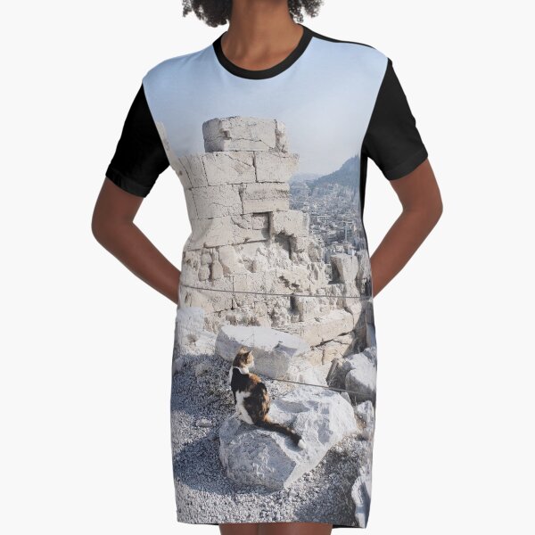 Stray cat checking out the archaeology of ancient Greece at the Acropolis Graphic T-Shirt Dress