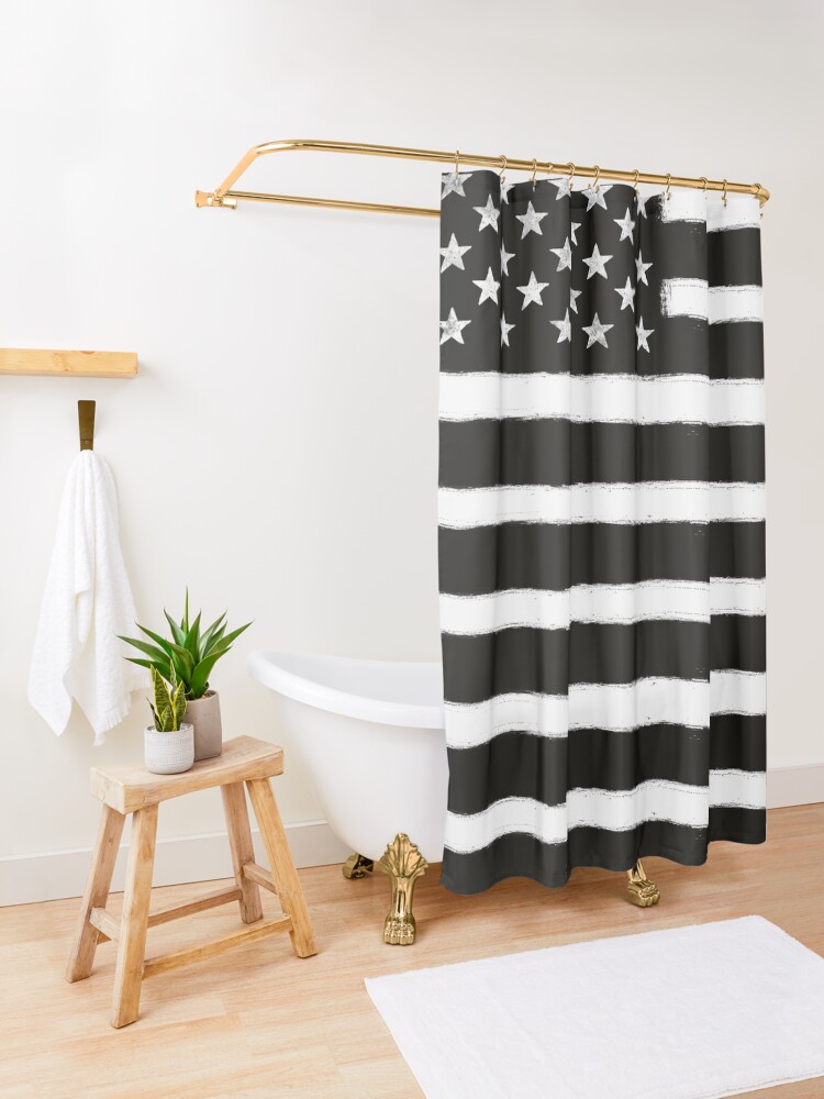 "Black N White American Flag Distressed Style" Shower Curtain for Sale