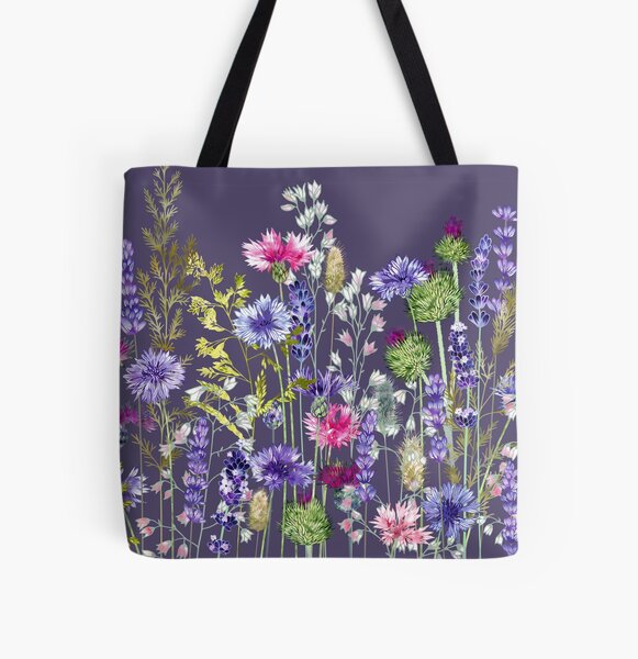 Flower Meadow - Cornflowers, Thistles, Lavender, Heucherella & Grasses All Over Print Tote Bag