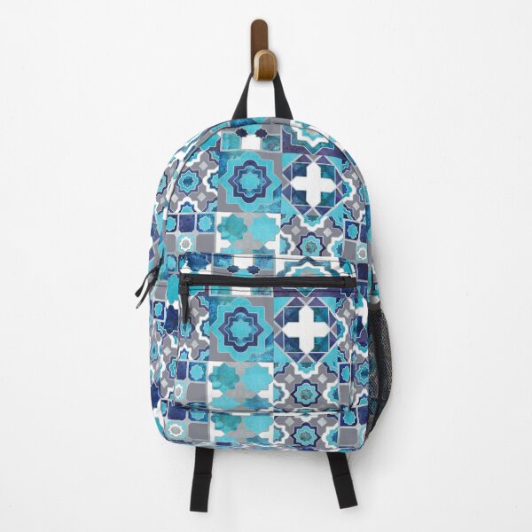 Spanish moroccan tiles inspiration // turquoise blue silver lines Backpack