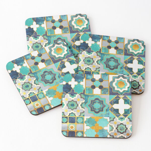 Item preview, Spanish moroccan tiles inspiration // teal aqua mint golden lines designed and sold by SelmaCardoso.