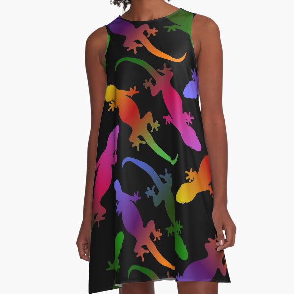 Colorful Seamless Gecko Pattern (black) A-Line Dress