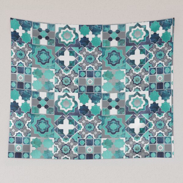 Item preview, Spanish moroccan tiles inspiration // teal aqua mint silver lines designed and sold by SelmaCardoso.