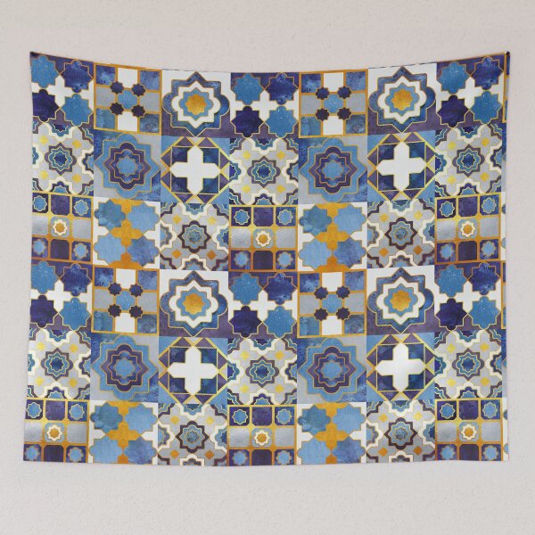 Item preview, Spanish moroccan tiles inspiration // indigo blue golden lines designed and sold by SelmaCardoso.