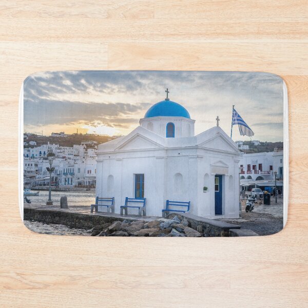 Item preview, Mykonos most popular whuite church with blue dome at dramatic sunset in greece designed and sold by Marinuzzi.