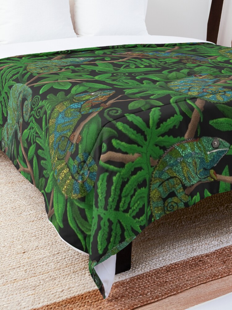 Alternate view of Brightly Colored Chameleon Lizards in Lush Green Jungle Comforter