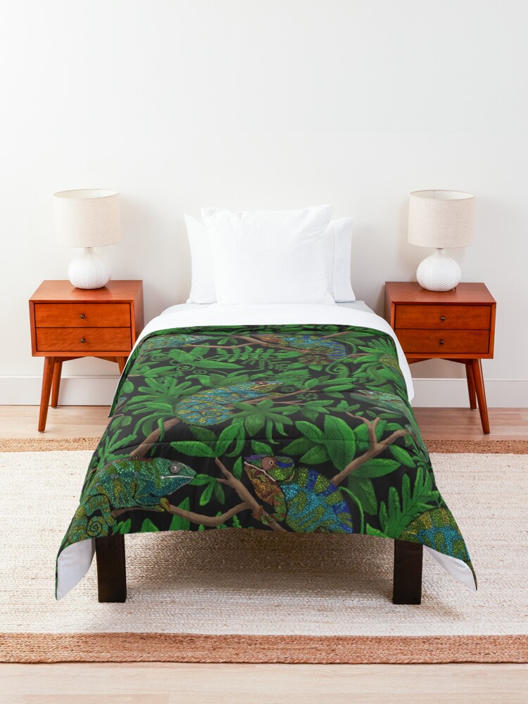 Alternate view of Brightly Colored Chameleon Lizards in Lush Green Jungle Comforter