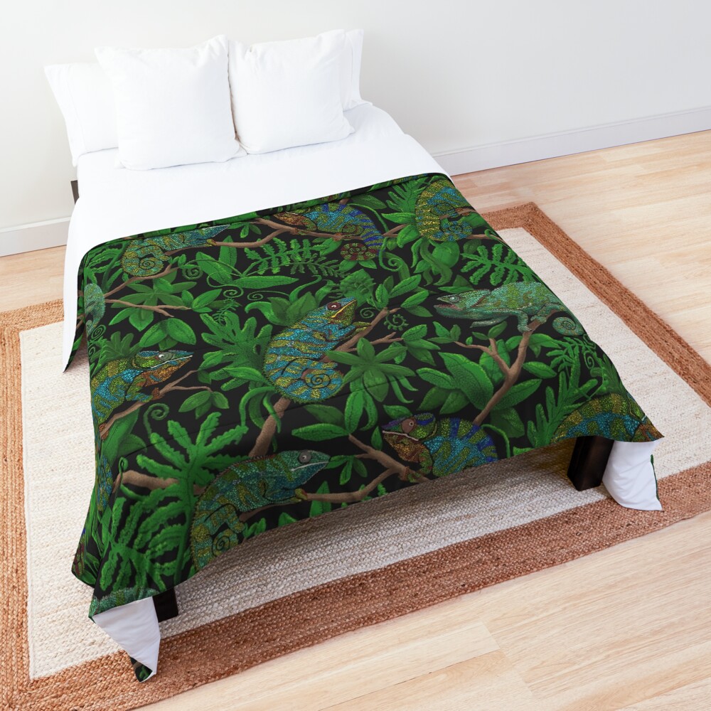 Brightly Colored Chameleon Lizards in Lush Green Jungle Comforter