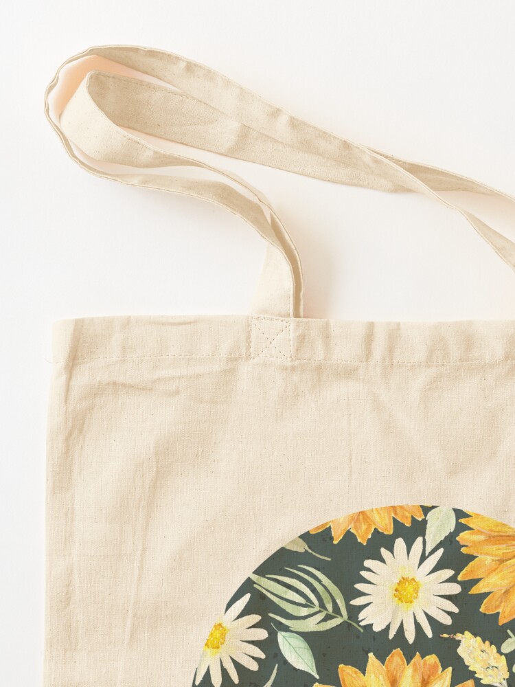 Thumbnail 3 of 5, Tote Bag, Sunflowers and Daisies | Watercolor | Green | Pattern designed and sold by Harpley Design Studio.