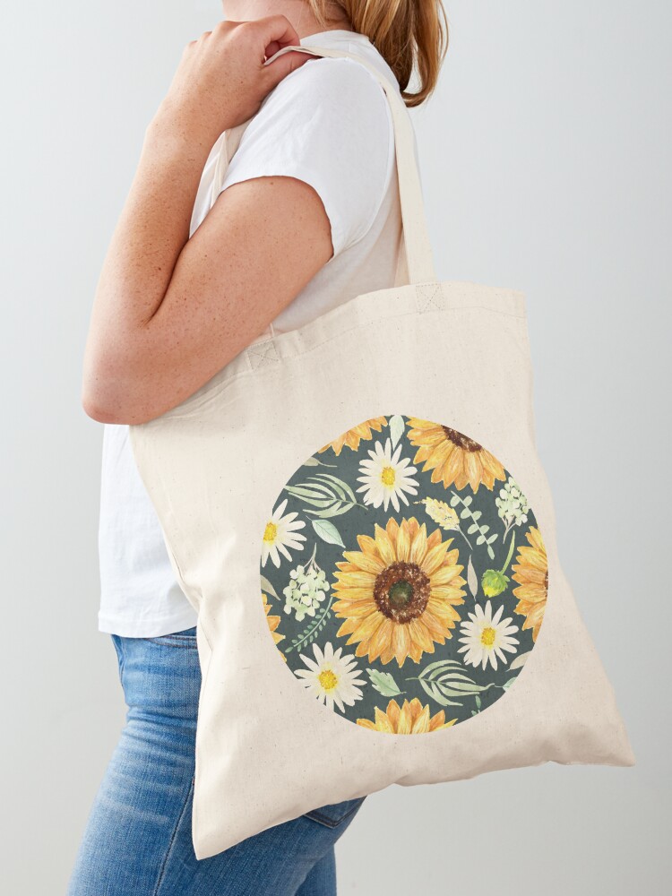 Thumbnail 1 of 5, Tote Bag, Sunflowers and Daisies | Watercolor | Green | Pattern designed and sold by Harpley Design Studio.