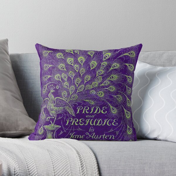 Pride and Prejudice, 1894 Peacock Cover in Purple Throw Pillow