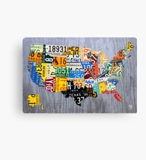 USA License Plate Map of the United States - Muscle Car Era - On Silver Metal Print