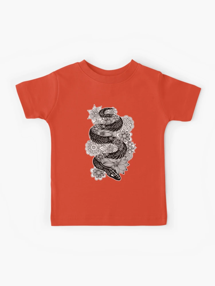 【CPGN STUDIO】Snake Flower Pigment Short Sleeve T-shirt Snake with Flowers Black and White Drawing