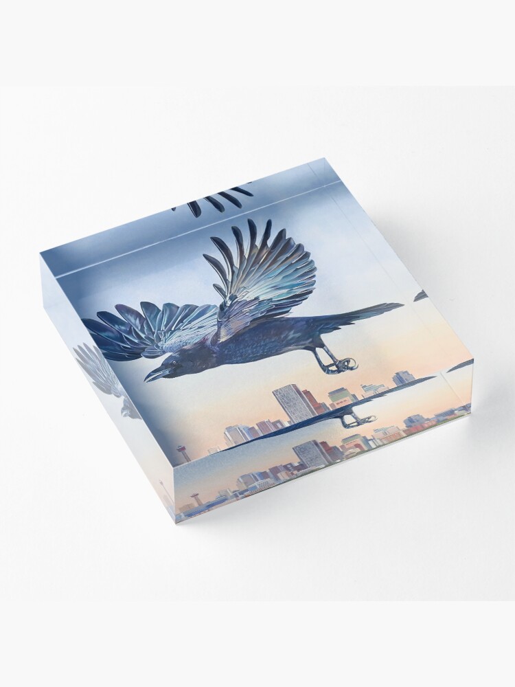 Alternate view of Untethered - crow over Calgary skyline Acrylic Block