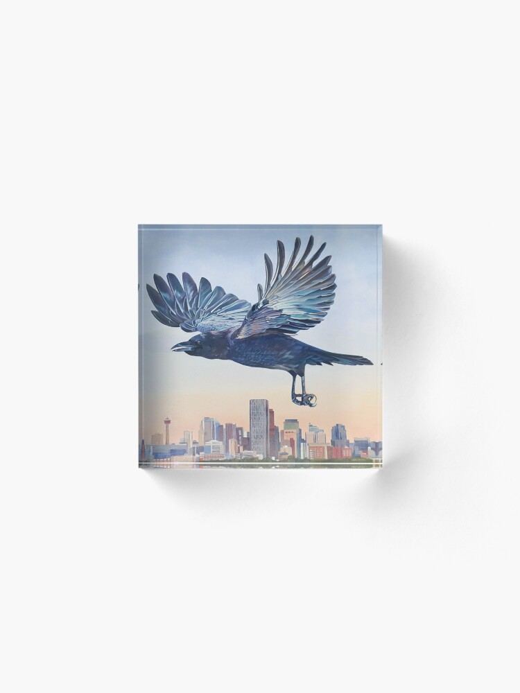 Alternate view of Untethered - crow over Calgary skyline Acrylic Block