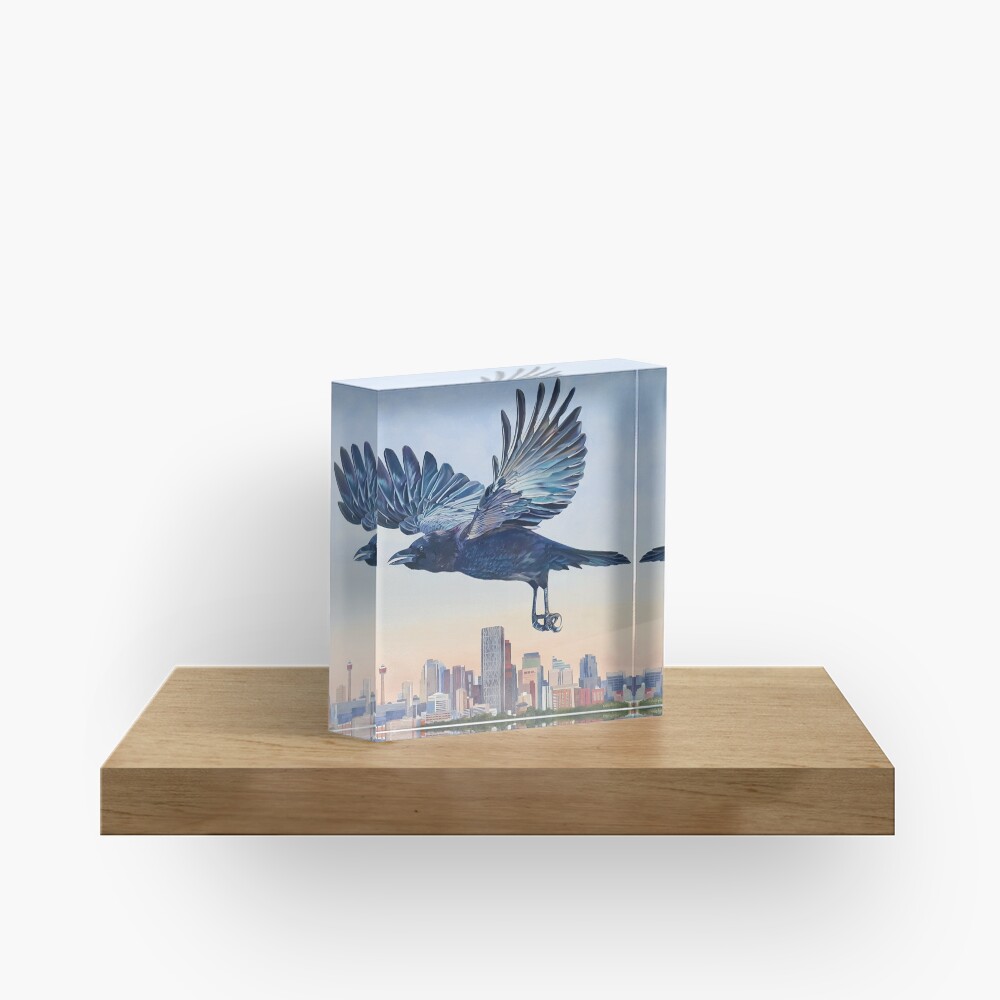 Untethered - crow over Calgary skyline Acrylic Block