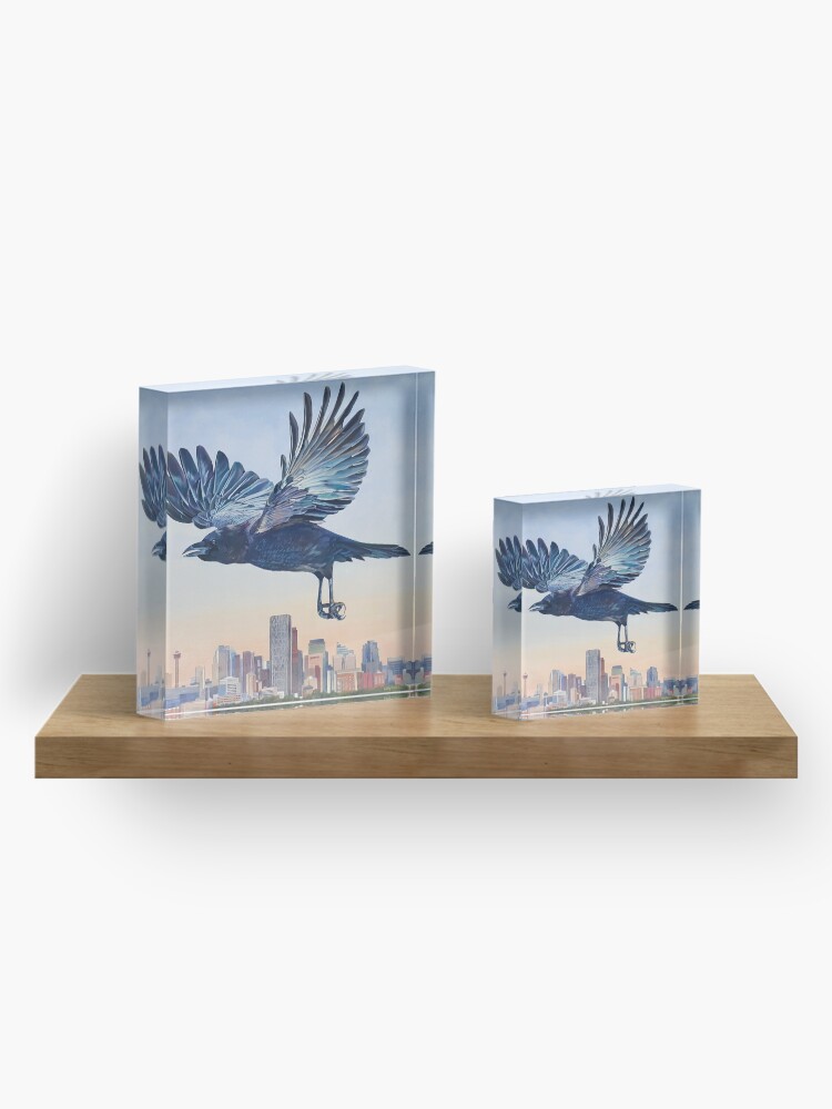 Alternate view of Untethered - crow over Calgary skyline Acrylic Block