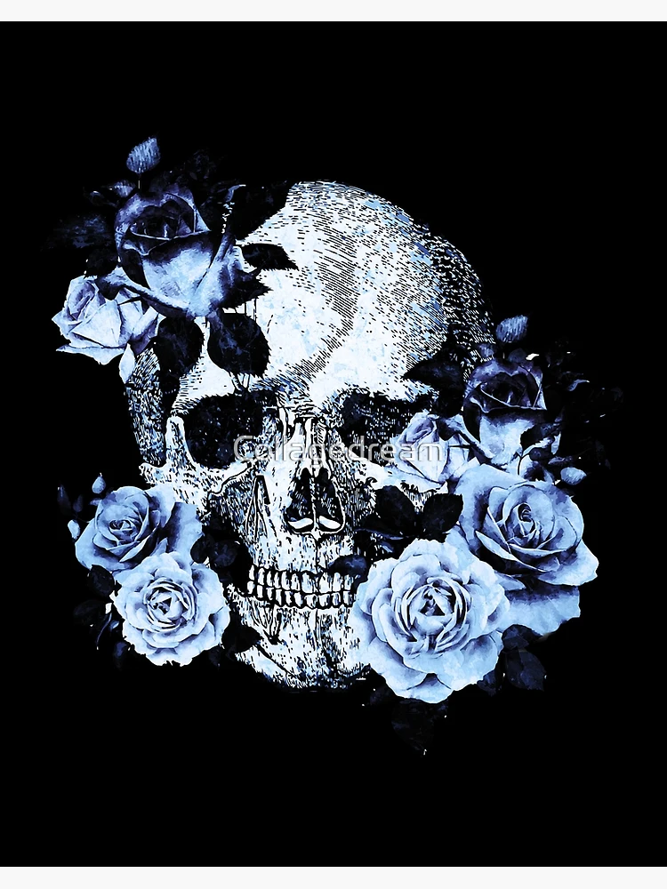 blue Vintage old style Tribe skull art roses floral