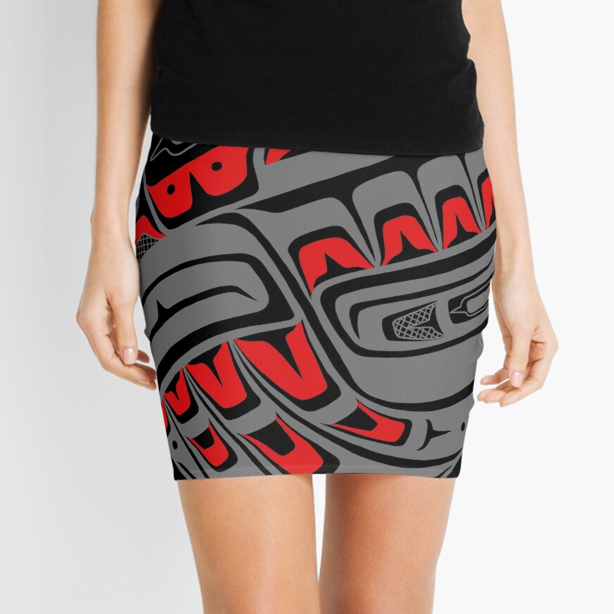 Raven Steals The Sun, Tlingit style, in gray Mini Skirt