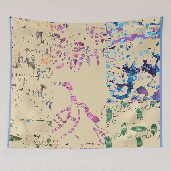 Item preview, Paint Spill fiber art on beige background, blue green pink purple designed and sold by djrunnels.