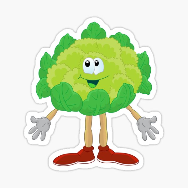 Vista previa del artículo con la obra «Cute Funny Cauliflower Healthy Food Character», diseñado y vendido por StickersPlus.