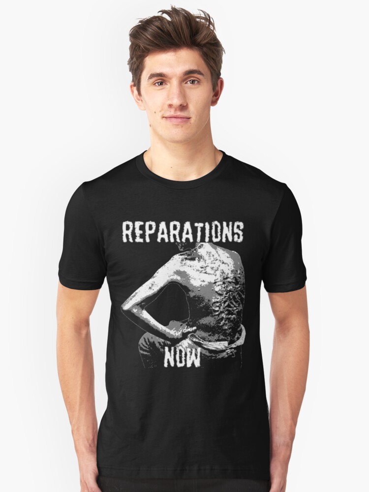 Alternate view of REPARATIONS NOW BATTERED SLAVE BACK SHIRT. (DARK) Slim Fit T-Shirt