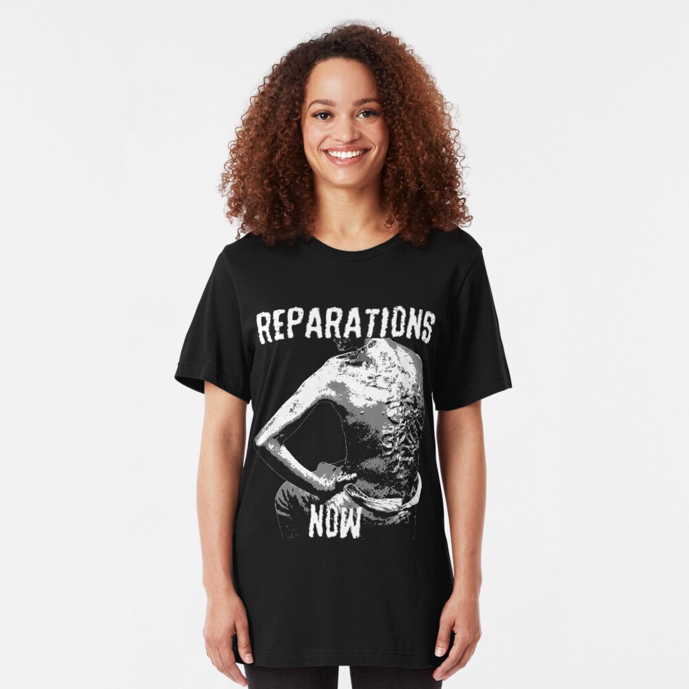 REPARATIONS NOW BATTERED SLAVE BACK SHIRT. (DARK) Slim Fit T-Shirt