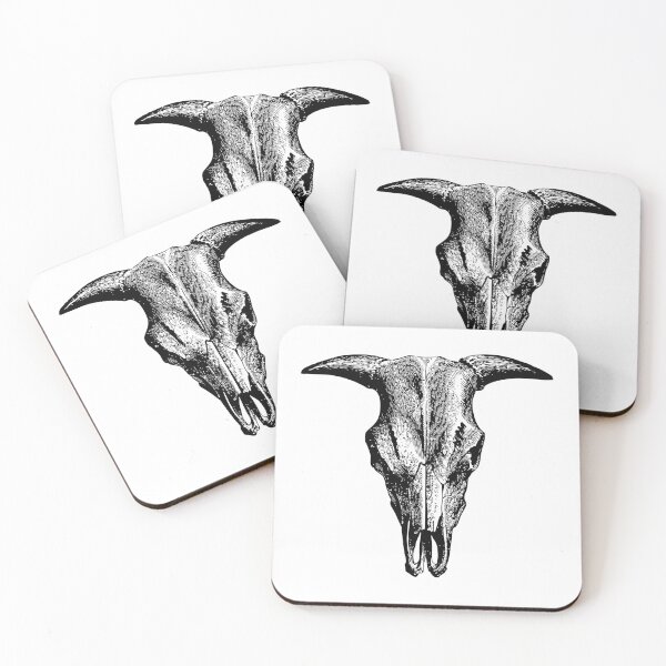 Vintage Animal Skull | Bull Skull | Steer Skull | Cow Skull | Sheep Skull | Horned Skull | Black and White | Coasters (Set of 4)