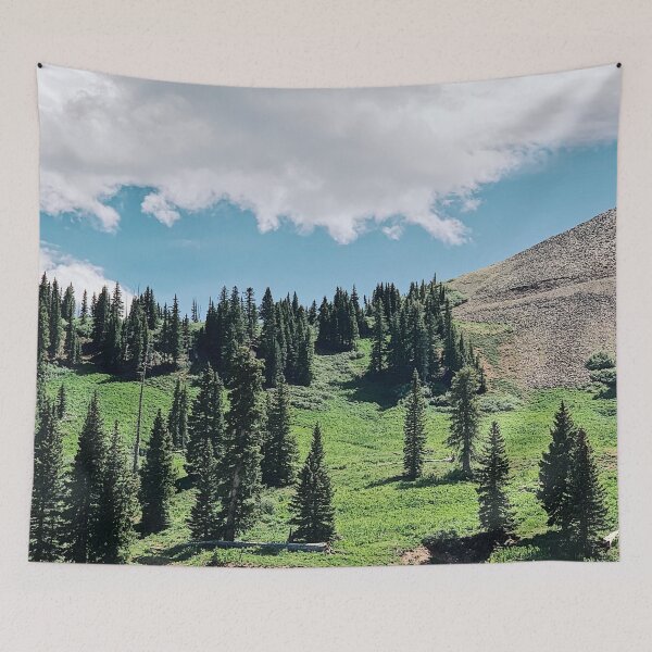 Item preview, bright day on top of a mountain with green trees.  designed and sold by ninjapineapple.