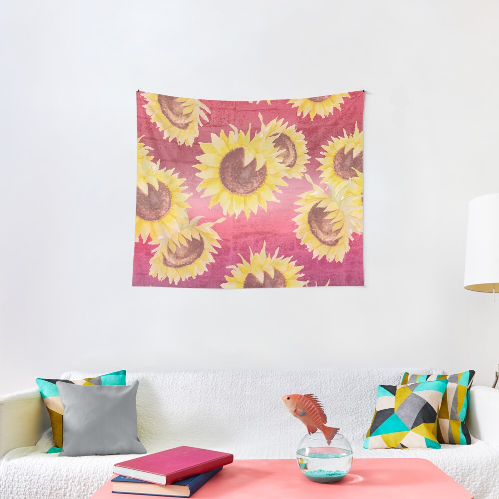 Pretty Sunflowers on Distressed Brick Tapestry