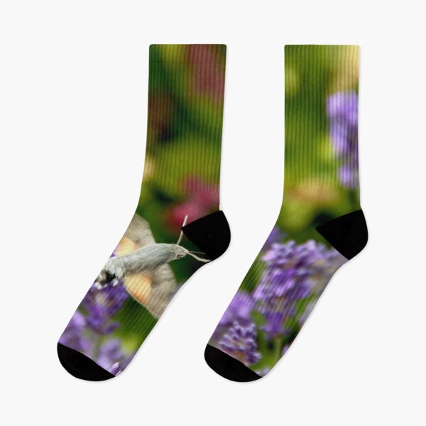 Item preview, Hummingbird hawk-moth in flight on lavender flowers designed and sold by EstelleRossetti.