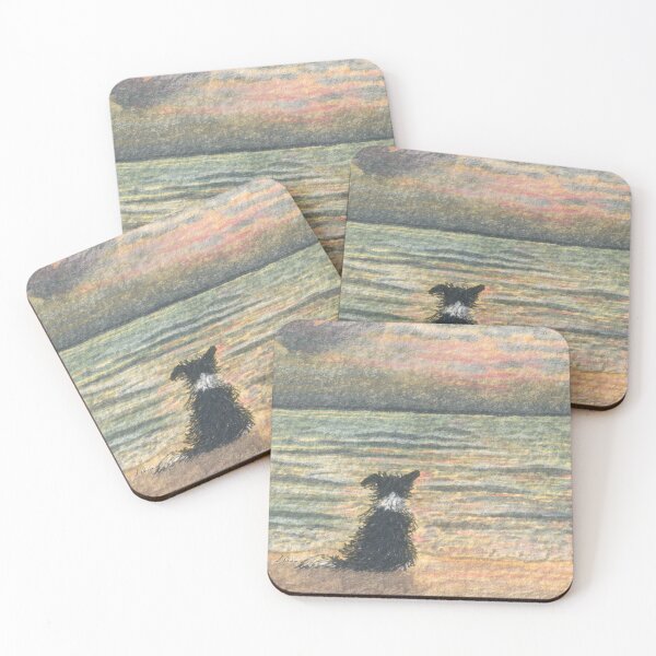 Item preview, A Border collie dog gazes out over the ocean watching the sun come up, greeting the morning designed and sold by SusanAlisonArt.